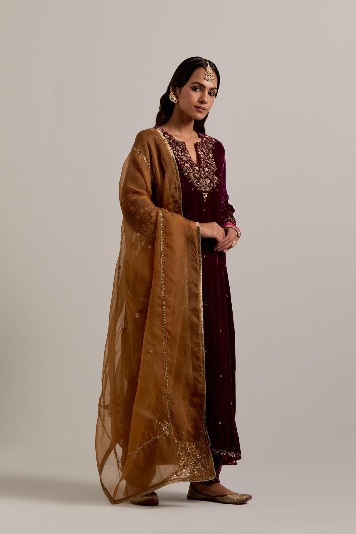 Olive Silk organza dupatta with delicate bead, sequins, zardozi and zari work.