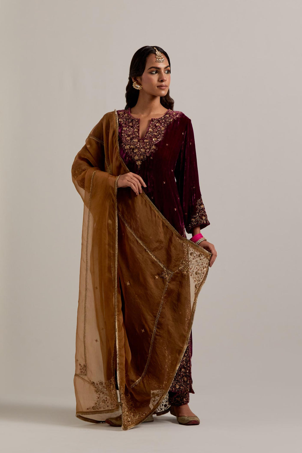 Olive Silk organza dupatta with delicate bead, sequins, zardozi and zari work.