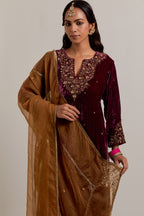 Plum straight Silk Velvet kurta set with all-over hand-embroidered bead, sequins, zardozi and zari work.