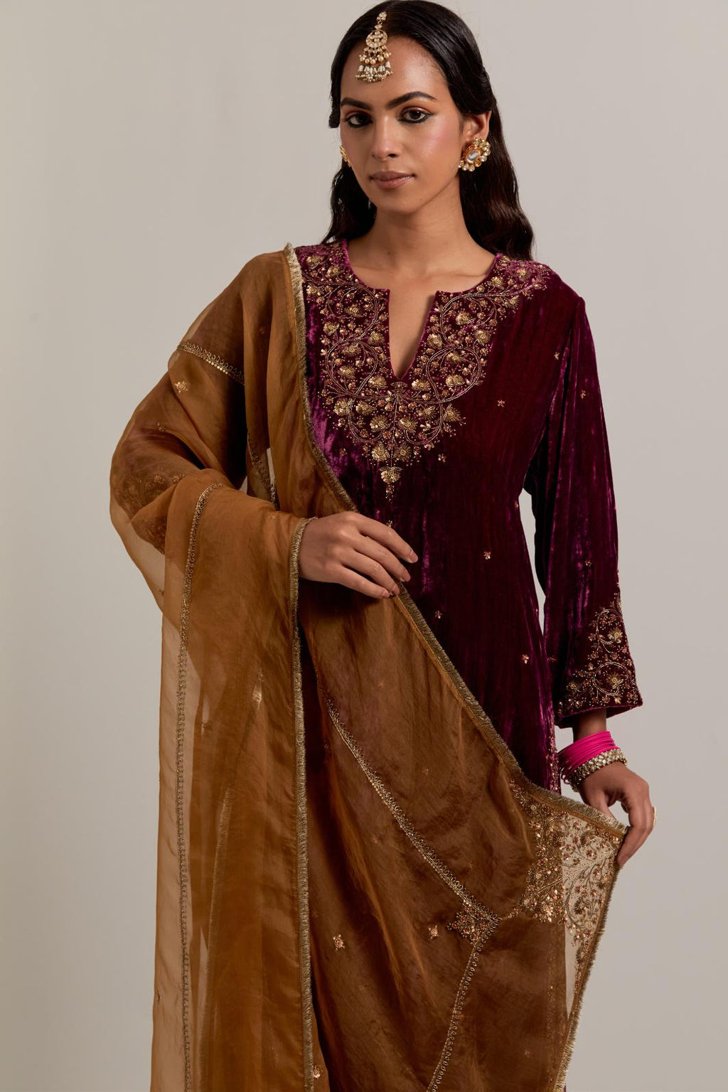 Olive Silk organza dupatta with delicate bead, sequins, zardozi and zari work.