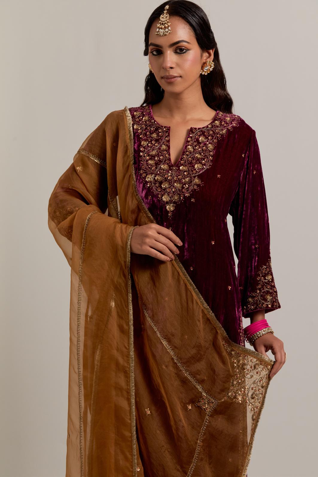 Olive Silk organza dupatta with delicate bead, sequins, zardozi and zari work.