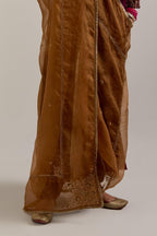 Olive Silk organza dupatta with delicate bead, sequins, zardozi and zari work.