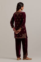 Plum straight Silk Velvet short kurta set with all-over hand-embroidered bead, sequins, zardozi and zari work.