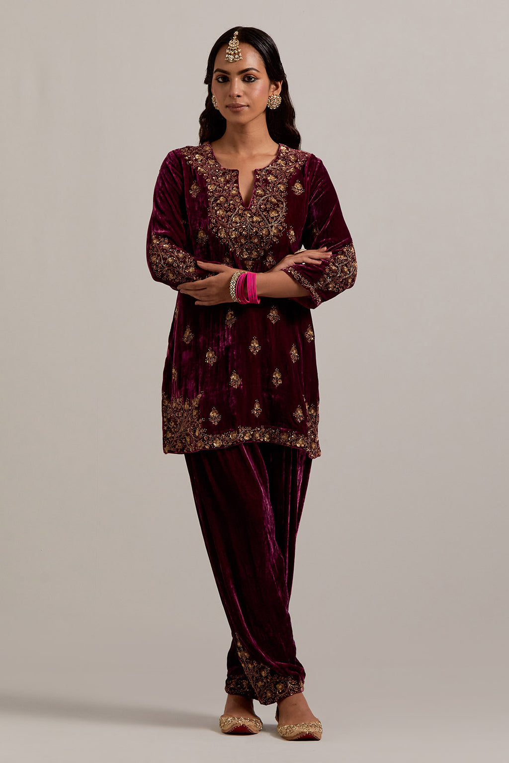 Plum straight Silk Velvet short kurta set with all-over hand-embroidered bead, sequins, zardozi and zari work.