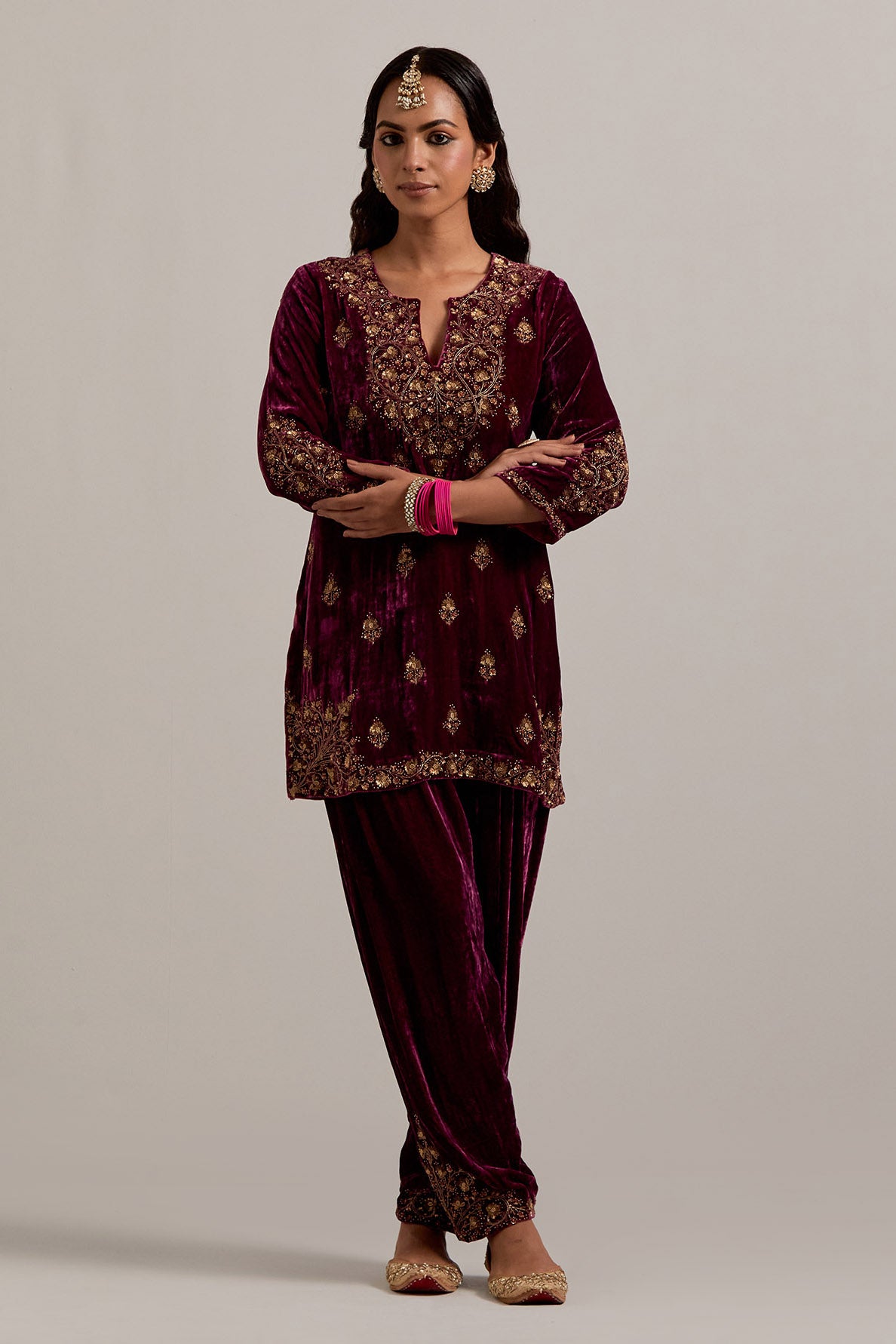 Plum straight Silk Velvet short kurta set with all-over hand-embroidered bead, sequins, zardozi and zari work.