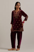 Plum straight Silk Velvet short kurta set with all-over hand-embroidered bead, sequins, zardozi and zari work.