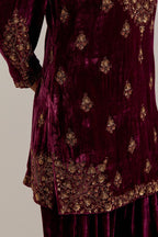 Plum straight Silk Velvet short kurta set with all-over hand-embroidered bead, sequins, zardozi and zari work.