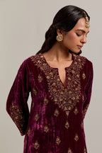 Plum straight Silk Velvet short kurta set with all-over hand-embroidered bead, sequins, zardozi and zari work.