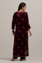 Plum straight Silk Velvet kurta set with all-over hand-embroidered small floral booti with sequins, zardozi, bead and zari work.