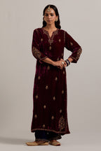 Plum straight Silk Velvet kurta set with all-over hand-embroidered small floral booti with sequins, zardozi, bead and zari work.