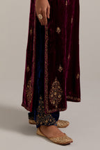 Plum straight Silk Velvet kurta set with all-over hand-embroidered small floral booti with sequins, zardozi, bead and zari work.