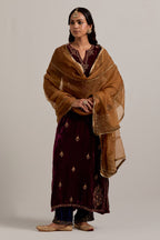 Plum straight Silk Velvet kurta set with all-over hand-embroidered small floral booti with sequins, zardozi, bead and zari work.