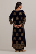 Navy blue silk velvet straight kurta set with sequins, zardozi, zari embroidered peacock boota all-over the kurta, highlighted with contrast bead work.