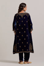 Navy blue easy fit A-line, panelled, short kurta set in silk velvet with all-over hand embroidery at the neck, sleeves and hem.