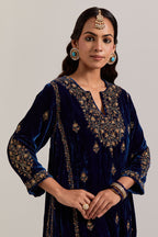 Navy blue easy fit A-line, panelled, short kurta set in silk velvet with all-over hand embroidery at the neck, sleeves and hem.
