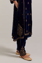 Navy blue easy fit A-line, panelled, short kurta set in silk velvet with all-over hand embroidery at the neck, sleeves and hem.