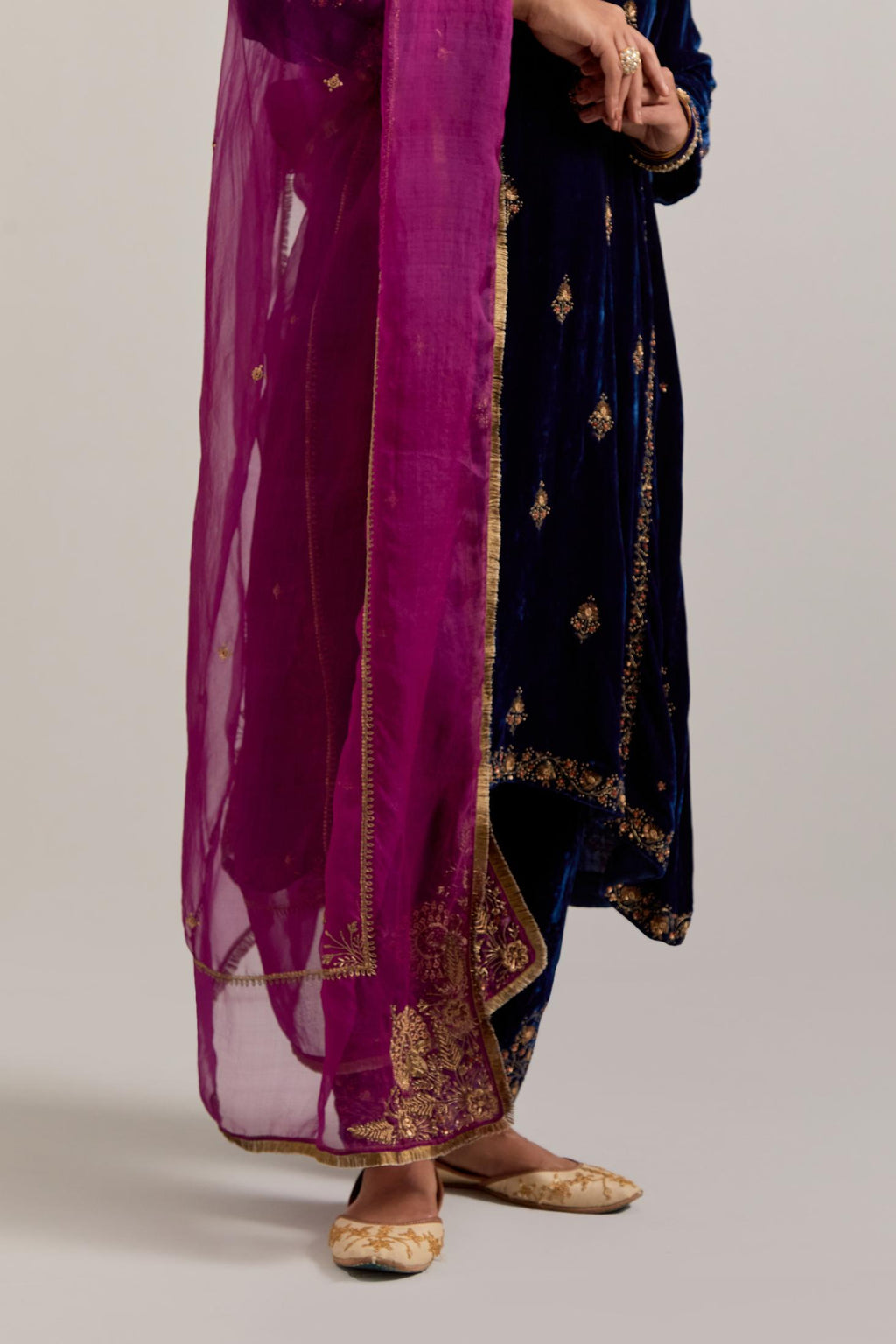 Purple Silk organza dupatta with delicate bead, sequins, zardozi and zari work.