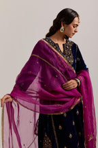 Purple Silk organza dupatta with delicate bead, sequins, zardozi and zari work.