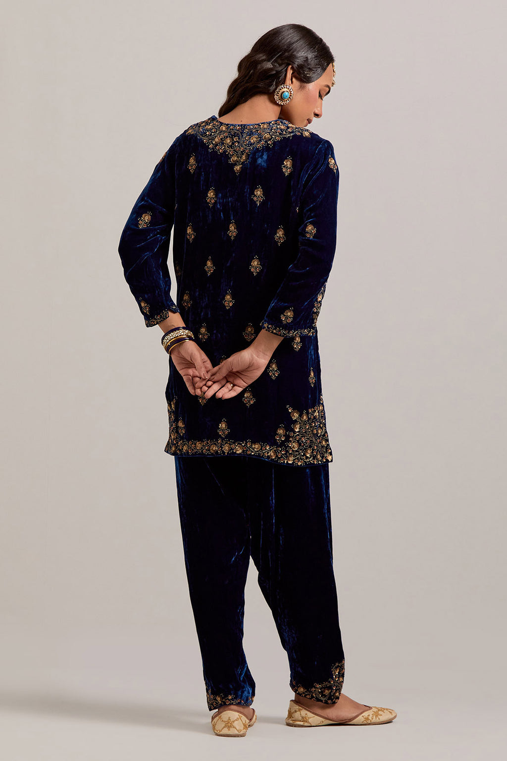 Navy blue straight Silk Velvet short kurta set with all-over hand-embroidered bead, sequins, zardozi and zari work.