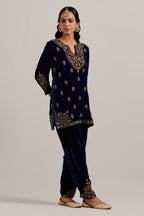 Navy blue straight Silk Velvet short kurta set with all-over hand-embroidered bead, sequins, zardozi and zari work.