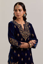 Navy blue straight Silk Velvet short kurta set with all-over hand-embroidered bead, sequins, zardozi and zari work.
