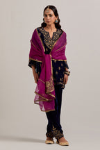 Navy blue straight Silk Velvet short kurta set with all-over hand-embroidered bead, sequins, zardozi and zari work.