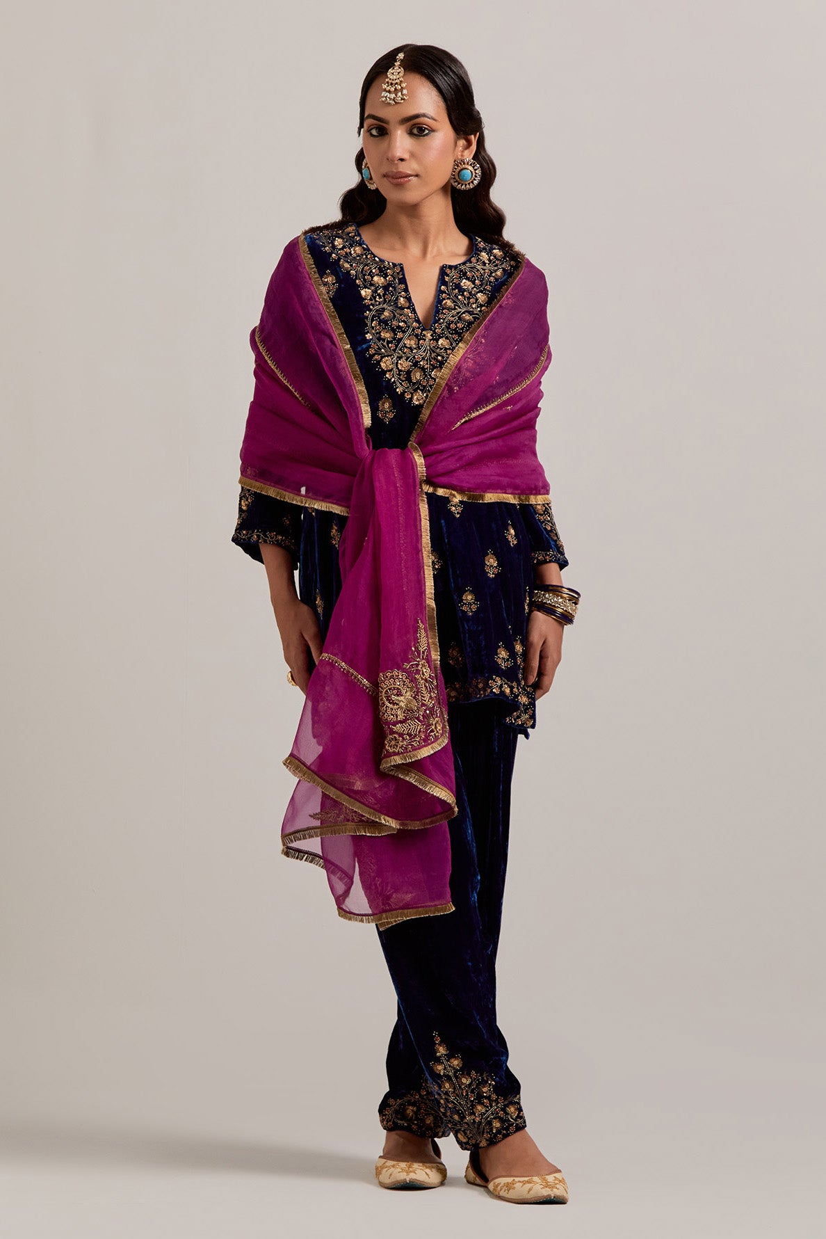 Navy blue straight Silk Velvet short kurta set with all-over hand-embroidered bead, sequins, zardozi and zari work.