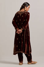 Burnt umber easy fit A-line, panelled, short kurta set in silk velvet with all-over hand embroidery at the neck, sleeves and hem.