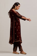 Burnt umber easy fit A-line, panelled, short kurta set in silk velvet with all-over hand embroidery at the neck, sleeves and hem.