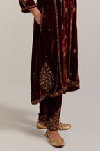 Burnt umber easy fit A-line, panelled, short kurta set in silk velvet with all-over hand embroidery at the neck, sleeves and hem.