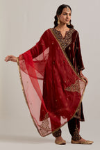 Burnt umber easy fit A-line, panelled, short kurta set in silk velvet with all-over hand embroidery at the neck, sleeves and hem.