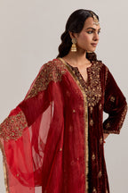 Burnt umber straight Silk Velvet kurta set with all-over hand-embroidered bead, sequins, zardozi and zari work.