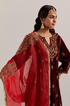 Red silk organza dupatta with delicate sequins, zardozi and zari work, highlighted with contrast bead work.
