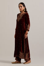 Burnt umber straight Silk Velvet kurta set with all-over hand-embroidered bead, sequins, zardozi and zari work.