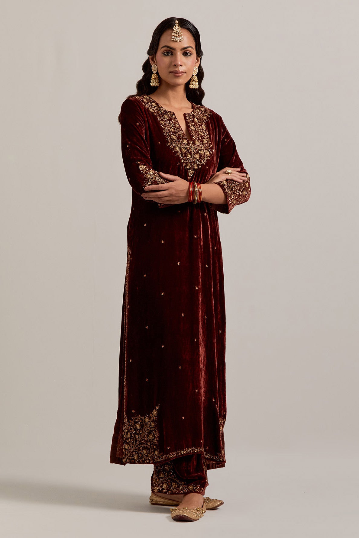 Burnt umber straight Silk Velvet kurta set with all-over hand-embroidered bead, sequins, zardozi and zari work.