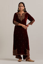 Burnt umber straight Silk Velvet kurta set with all-over hand-embroidered bead, sequins, zardozi and zari work.