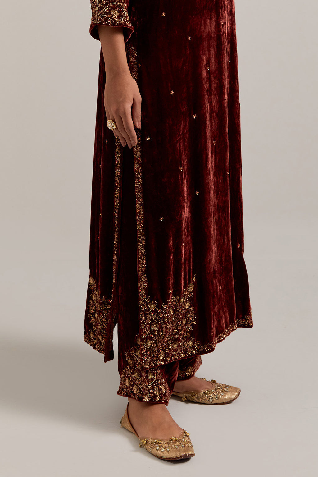 Burnt umber straight Silk Velvet kurta set with all-over hand-embroidered bead, sequins, zardozi and zari work.