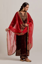 Burnt umber straight Silk Velvet kurta set with all-over hand-embroidered bead, sequins, zardozi and zari work.