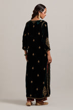 Dark green straight Silk Velvet kurta set with all-over hand-embroidered small floral booti with sequins, zardozi, bead and zari work.