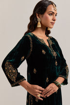 Dark green straight Silk Velvet kurta set with all-over hand-embroidered small floral booti with sequins, zardozi, bead and zari work.