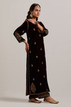 Rich brown straight Silk Velvet kurta set with all-over hand-embroidered small floral booti with sequins, zardozi, bead and zari work.
