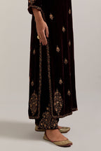 Rich brown straight Silk Velvet kurta set with all-over hand-embroidered small floral booti with sequins, zardozi, bead and zari work.