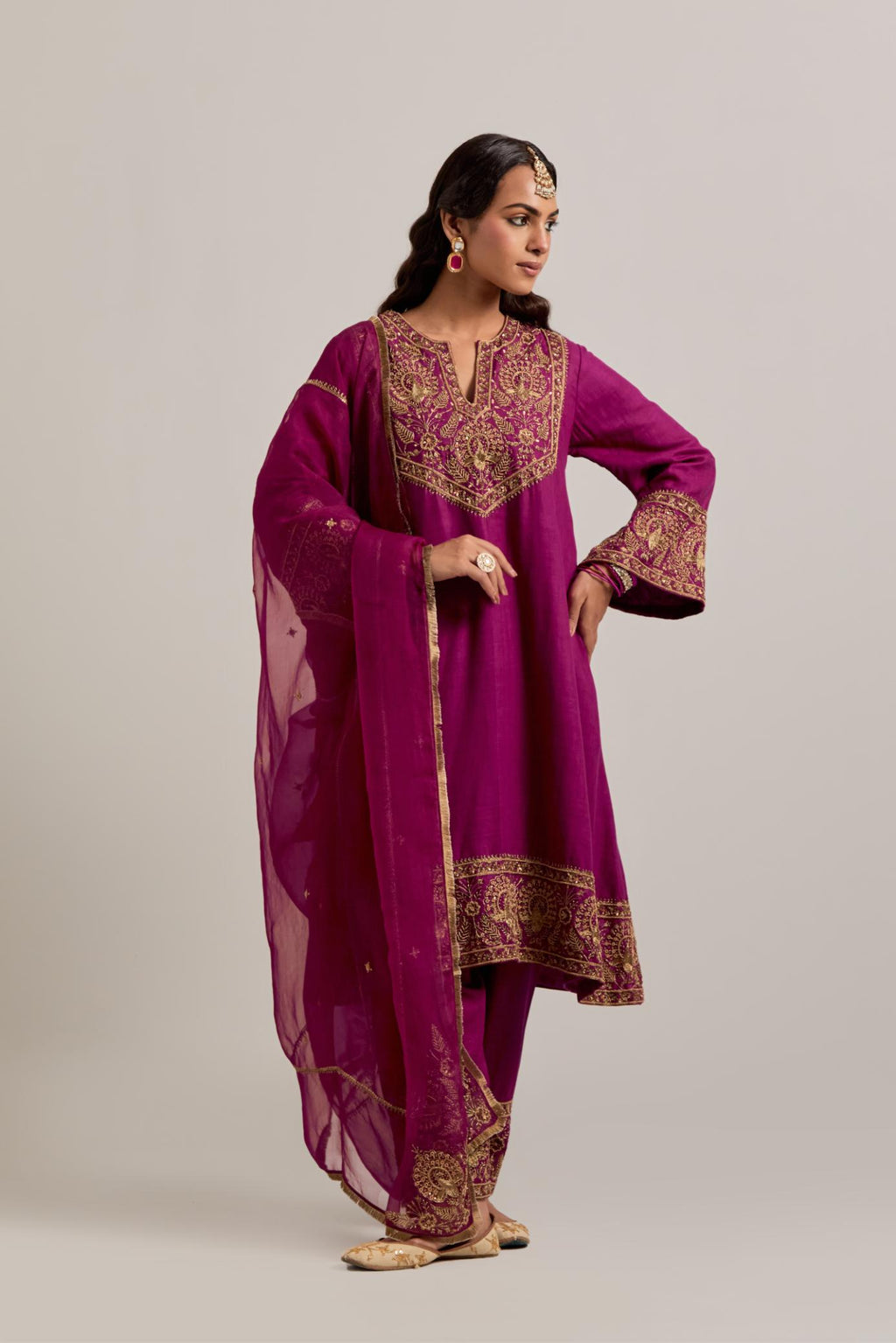 Wine Silk organza dupatta with delicate bead, sequins, zardozi and zari work.