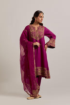 Wine Silk organza dupatta with delicate bead, sequins, zardozi and zari work.