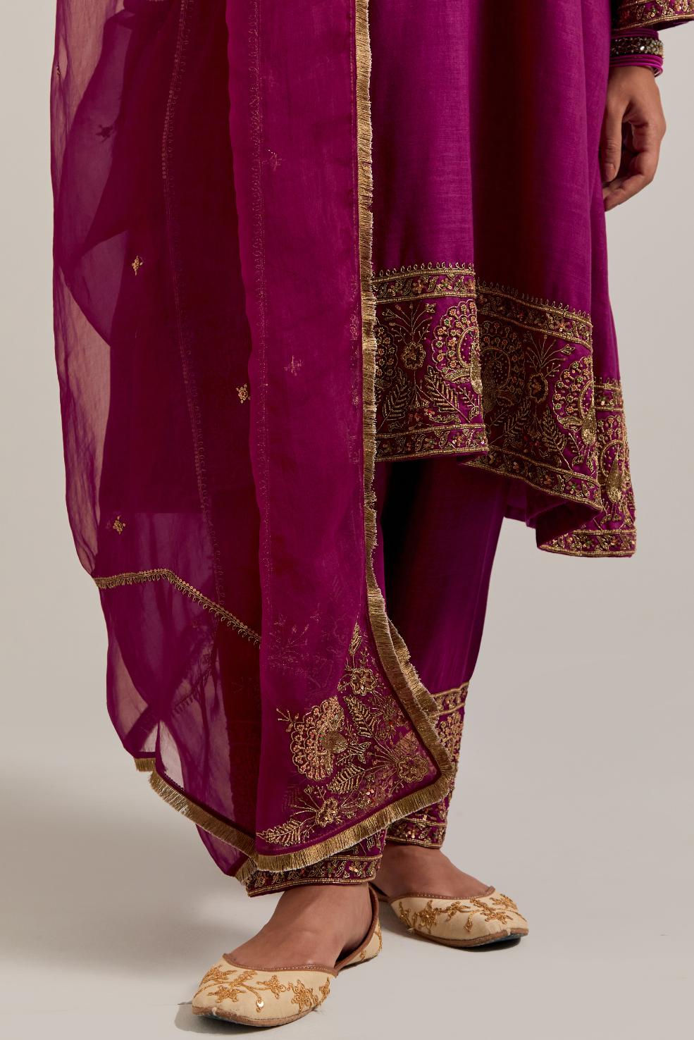 Wine Silk organza dupatta with delicate bead, sequins, zardozi and zari work.