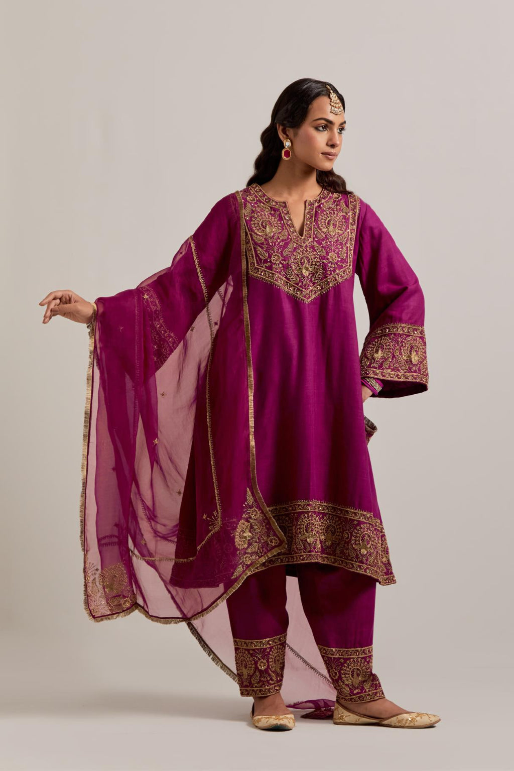Wine Silk organza dupatta with delicate bead, sequins, zardozi and zari work.