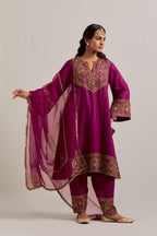 Wine Silk organza dupatta with delicate bead, sequins, zardozi and zari work.