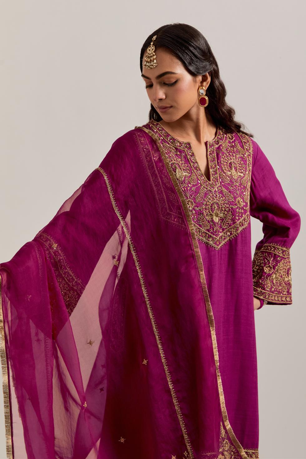 Wine Silk organza dupatta with delicate bead, sequins, zardozi and zari work.