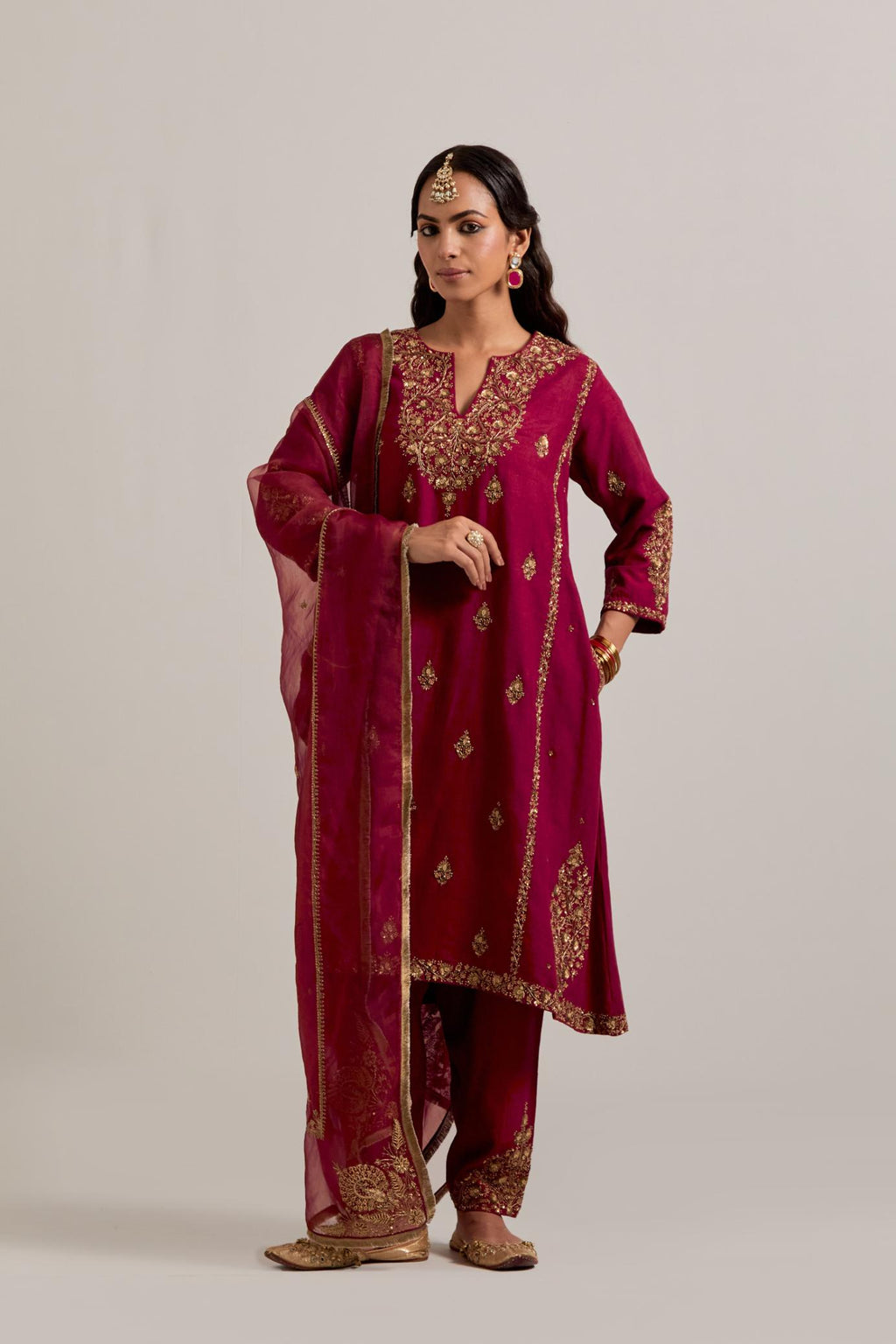 Ruby red Silk organza dupatta with delicate bead, sequins, zardozi and zari work.