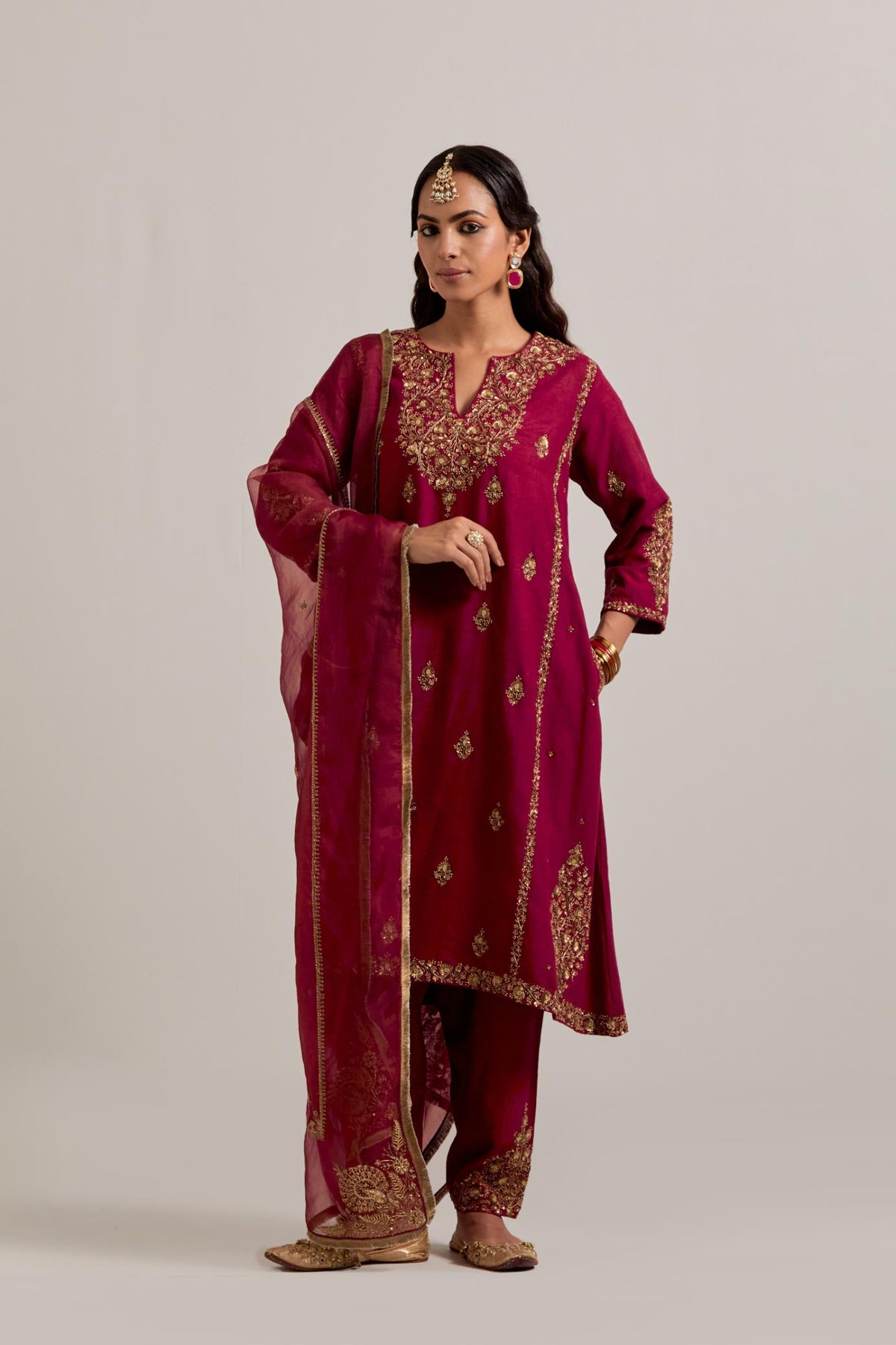 Ruby red Silk organza dupatta with delicate bead, sequins, zardozi and zari work.